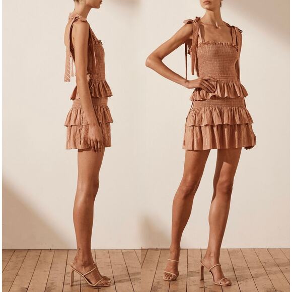NWOT House of Harlow Corinne Shirred Mini Dress Size Small in Desert Rose Tiered - Picture 3 of 16